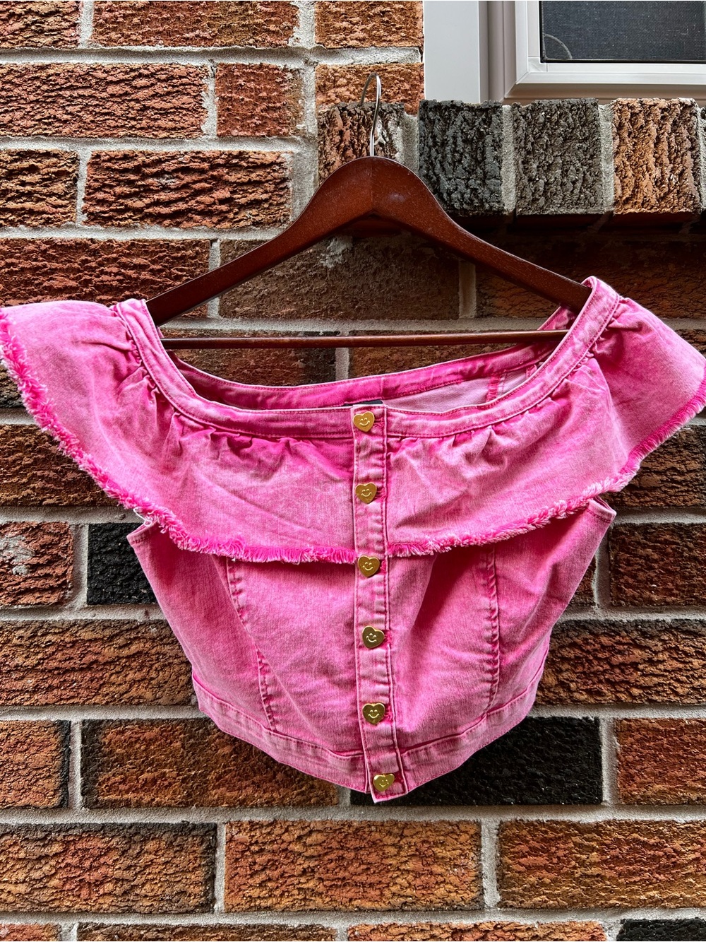 Lazy Oaf Pink Acid Wash Denim Off-Shoulder Ruffled Button-Front Crop Top